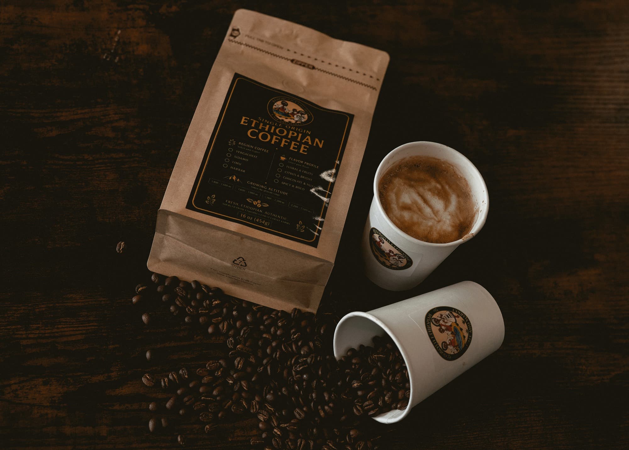 Buna House Ethiopian coffee bag with latte, cups, and roasted beans